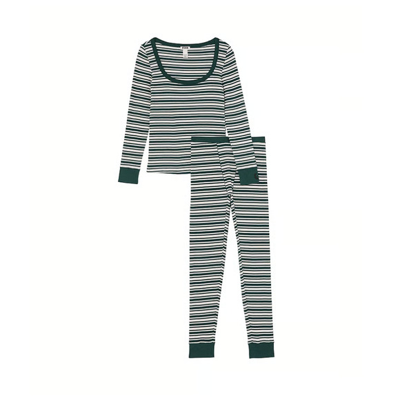 Victoria's Secret PINK Thermal Long Pajama Set - Forest Green Stripes Size SMALL - Picture 3 of 3
